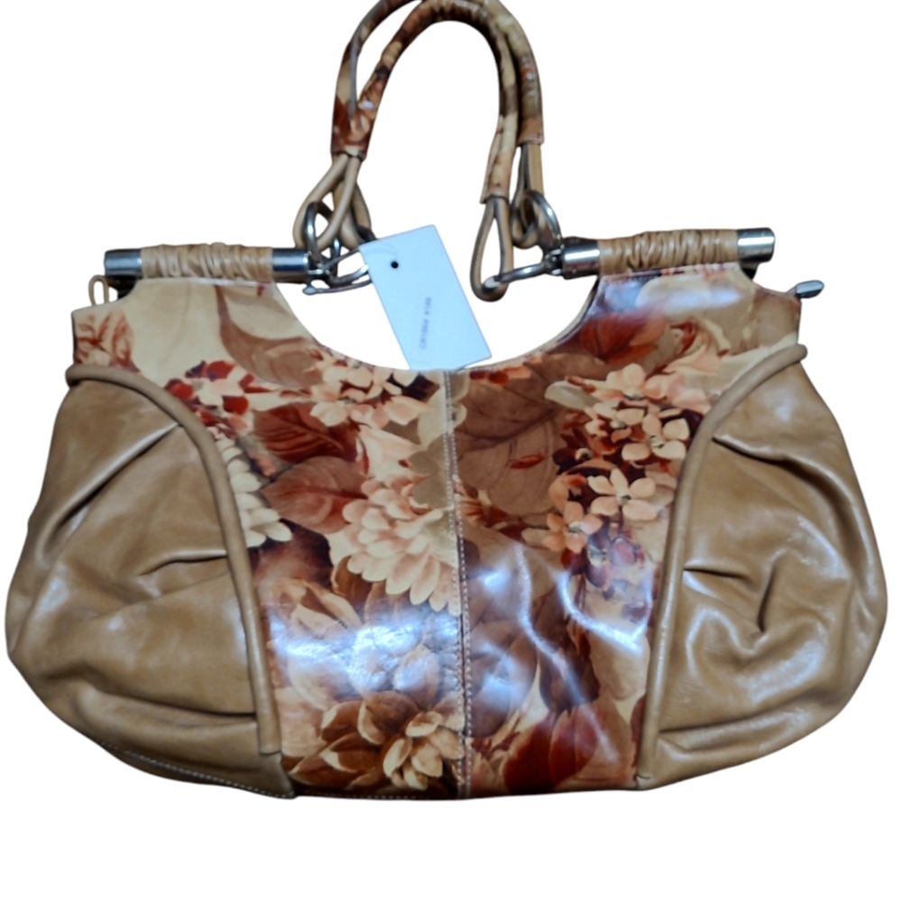Mira Flores Floral Tan Leather Handbag NWT